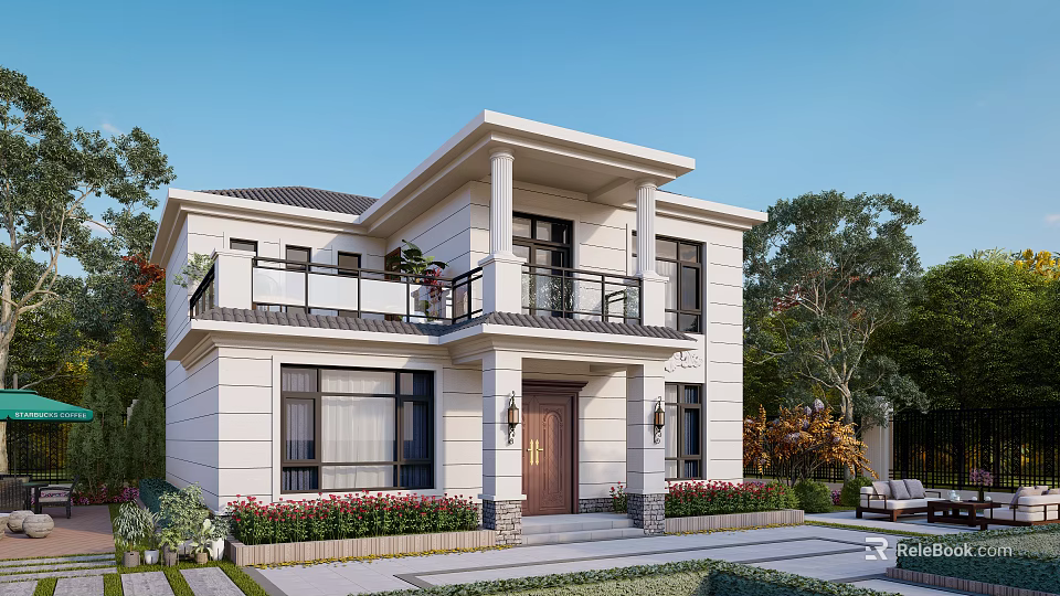 Detached Villa With White Exterior Brown Front Door Balcony Black Railings Plants And Porch Lights 3d model 