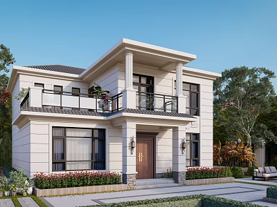 Detached Villa With White Exterior Brown Front Door Balcony Black Railings Plants And Porch Lights 3d model