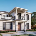 Detached Villa With White Exterior Brown Front Door Balcony Black Railings Plants And Porch Lights