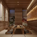 Japanese Zen Restaurant With Stone Wall Light Strips Pine Tree Decoration And Tatami Floor