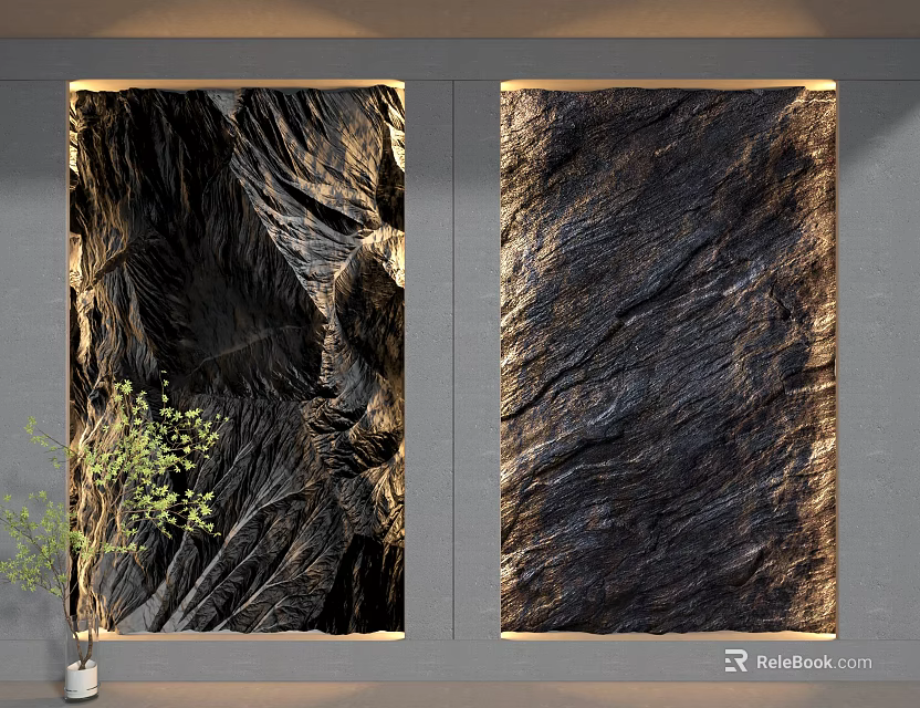 Modern Luxury Two Panel Dark Textured Background Wall with Golden Frame and Green Plant 3d model 