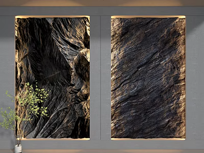 Modern Luxury Two Panel Dark Textured Background Wall with Golden Frame and Green Plant 3d model