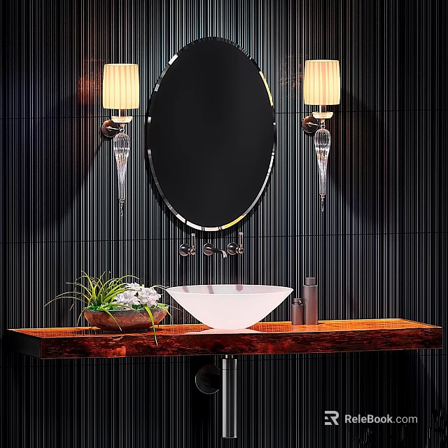 Modern Bathroom Wash Area With Round Mirror Wall Lamps White Bowl Sink And Wooden Countertop 3d model 