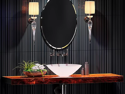 Modern Bathroom Wash Area With Round Mirror Wall Lamps White Bowl Sink And Wooden Countertop 3d model