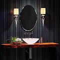 Modern Bathroom Wash Area With Round Mirror Wall Lamps White Bowl Sink And Wooden Countertop