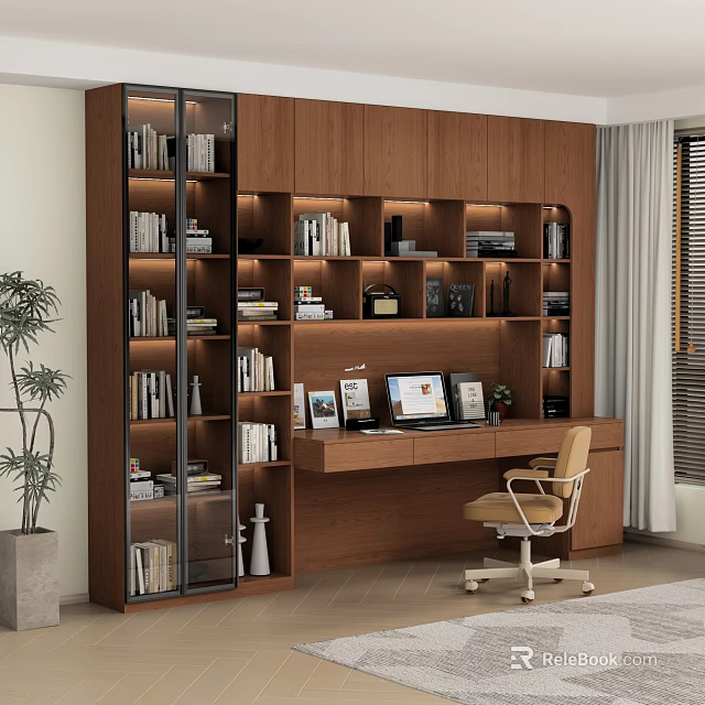 Modern Wooden Bookcase With Multiple Shelves Books Decorations Photo Frames And Desk 3d model 