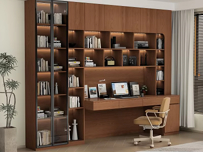 Modern Wooden Bookcase With Multiple Shelves Books Decorations Photo Frames And Desk 3d model