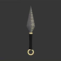 Detailed Sharp Patterned Dagger With Black Handle And Golden Ring Accent