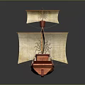Vintage Wooden Ship With Orange Hull White Sails Sun Patterns And Red Flags