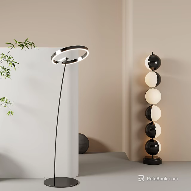 Modern Floor Lamps with Spherical Black White Balls and Ring Shade in Minimalist Interior 3d model 