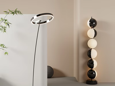 Modern Floor Lamps with Spherical Black White Balls and Ring Shade in Minimalist Interior 3d model
