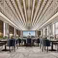 Elegant Banquet Hall Interior Design With Crystal Chandeliers Round Tables And Blue Chairs