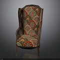 Traditional Vintage Armchair With Intricate Red Green Gold Patterns And Wooden Legs