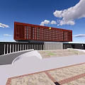 Modern Office Building Exterior With Red Facade Steps And Paved Ground 3d model