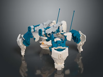 Futuristic Mechanical Spider Character 3D Model With Blue White Articulated Legs And Parts 3d model