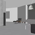 Modern Living Room Interior With White Walls Wooden Wall Black Sofa Brown Lounge Chair And Floor Lamp
