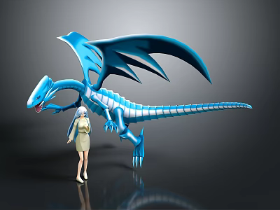 Blue Winged Dragon And White Haired Female Character In Fantasy 3D Design 3d model