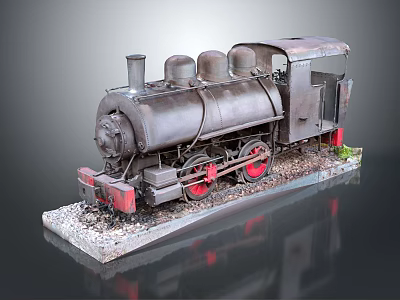Vintage Steam Train Model with Rustic Metal Body and Red Wheels 3d model
