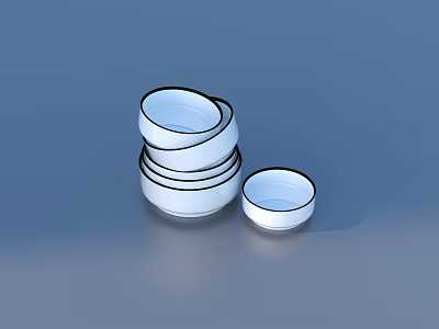 White Dinnerware Set with Black Rim Stacked Bowls and Small Bowl 3d model