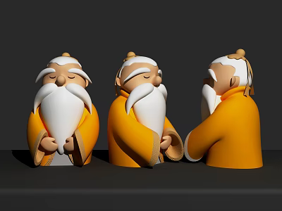 Decorative Ornament Set Of Three Figurines With Yellow Robes White Beards And Topknots 3d model