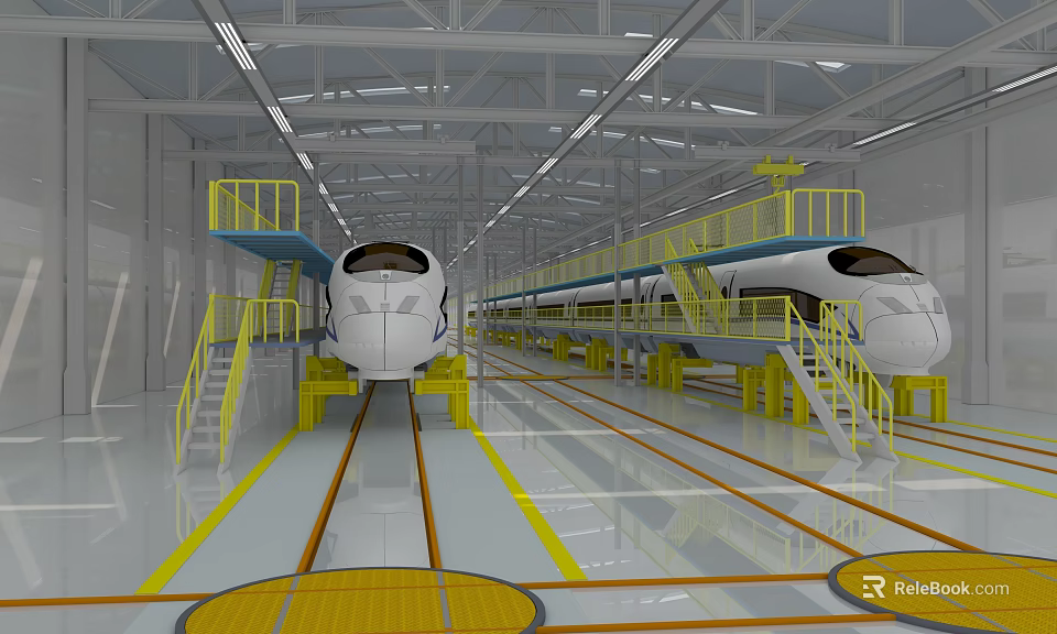 High Speed Train Manufacturing Workshop With Yellow Staircases And Platforms 3d model