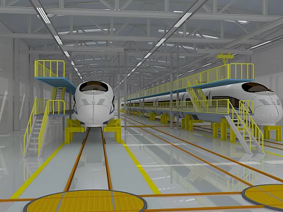 High Speed Train Manufacturing Workshop With Yellow Staircases And Platforms 3d model
