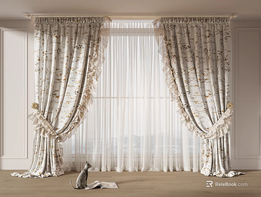 Elegant Floral Pattern Curtains With Sheer White Liner And Pleated Top In Room Interior 3d model 