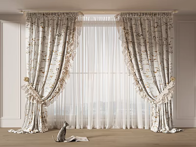 Elegant Floral Pattern Curtains With Sheer White Liner And Pleated Top In Room Interior 3d model