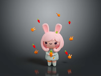 Cute Pink Haired Rabbit Ears Cartoon Character With Floating Carrots And Red Chili Peppers 3d model