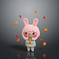 Cute Pink Haired Rabbit Ears Cartoon Character With Floating Carrots And Red Chili Peppers