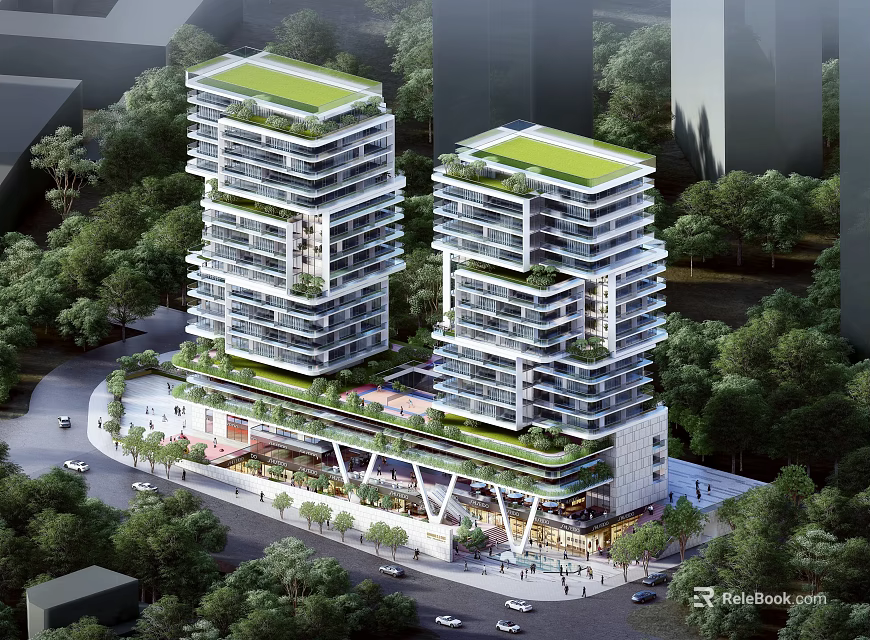 Modern High Rise Residential Buildings With Green Roofs And Surrounding Trees Design 3d model 