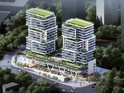 Modern High Rise Residential Buildings With Green Roofs And Surrounding Trees Design 3d model