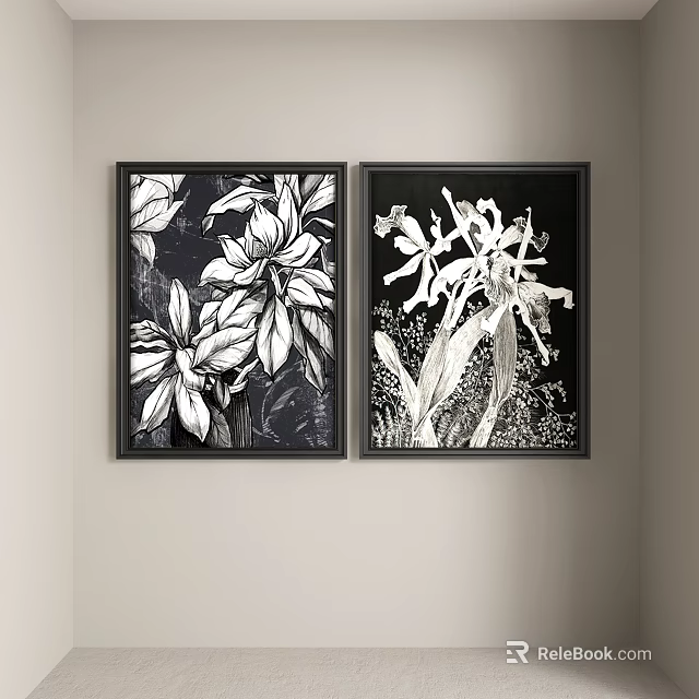 Black And White Floral Abstract Paintings With Leaves Flowers In Black Frames On Wall 3d model 