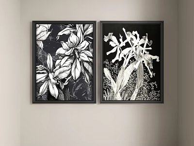 Black And White Floral Abstract Paintings With Leaves Flowers In Black Frames On Wall 3d model