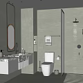Modern Bathroom Interior With Gray Walls Marble Countertop Glass Shower Enclosure Round Mirror