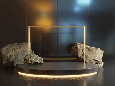 Contemporary Black Round Display Stand With Gold Frame Stones And Lighting For Product Showcase 3d model