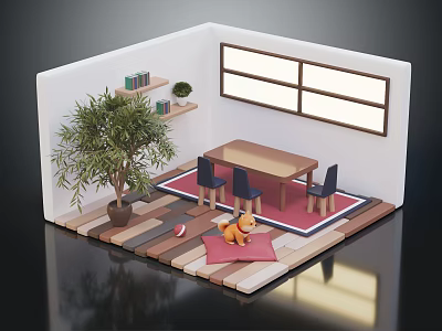 Cartoon Style Indoor Room With Wooden Table Chairs Potted Plant Colorful Rug And Toy Animal 3d model