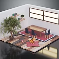 Cartoon Style Indoor Room With Wooden Table Chairs Potted Plant Colorful Rug And Toy Animal