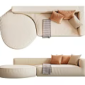 Beige Sectional Sofa With Round Ottoman Plush Pillows And Plaid Throw 3d model