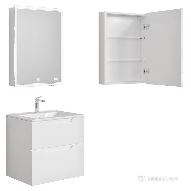 Modern White Bathroom Sink Vanity With Mirror And Open Cabinet Storage 3d model 