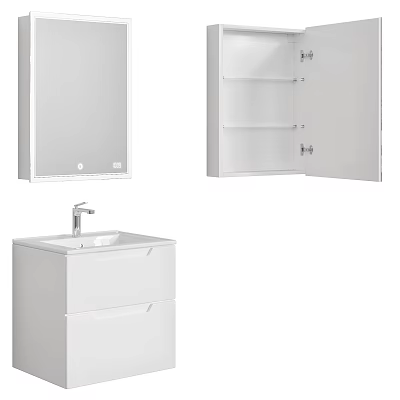 Modern White Bathroom Sink Vanity With Mirror And Open Cabinet Storage 3d model