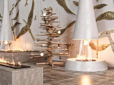 Modern Fireplace With Burning Fire Wooden Structure And Golden Bird Decorations 3d model