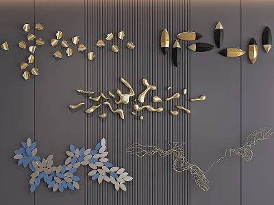 Stylish Gold Black And Blue Abstract Leaf Wall Decorations For Modern Interiors 3d model