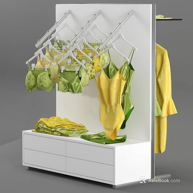 Yellow And Green Clothes Hanging On Hangers With White Drawer Cabinet And Various Styles 3d model 