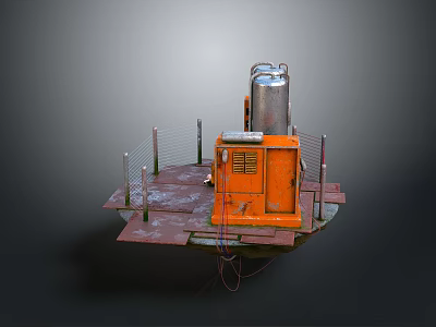 Industrial Square Platform With Orange Equipment Cabinet Silver Cylindrical Tank And Metal Railings 3d model