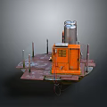 Industrial Square Platform With Orange Equipment Cabinet Silver Cylindrical Tank And Metal Railings