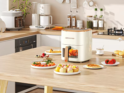 White Air Fryer On Kitchen Countertop With Various Healthy Foods And Snacks 3d model