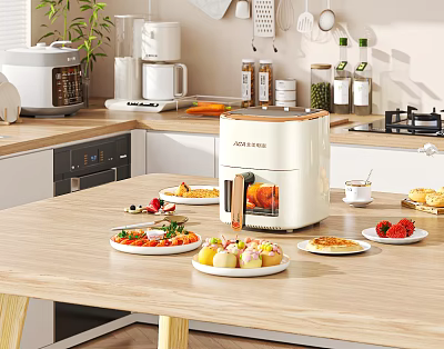 White Air Fryer On Kitchen Countertop With Various Healthy Foods And Snacks 3d model
