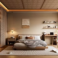 Cozy Natural Bedroom With Woven Rattan Ceiling Wooden Accents Bedside Painting Desk Chair And Rug