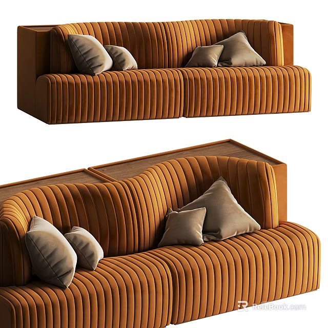 Orange Velvet Two Seater Sofa With Vertical Tufted Design And Accent Pillows 3d model 
